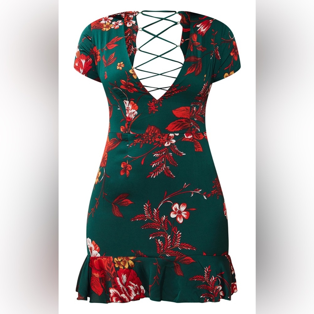 PrettyLittleThing emerald green dress red floral plunging neckline NWT